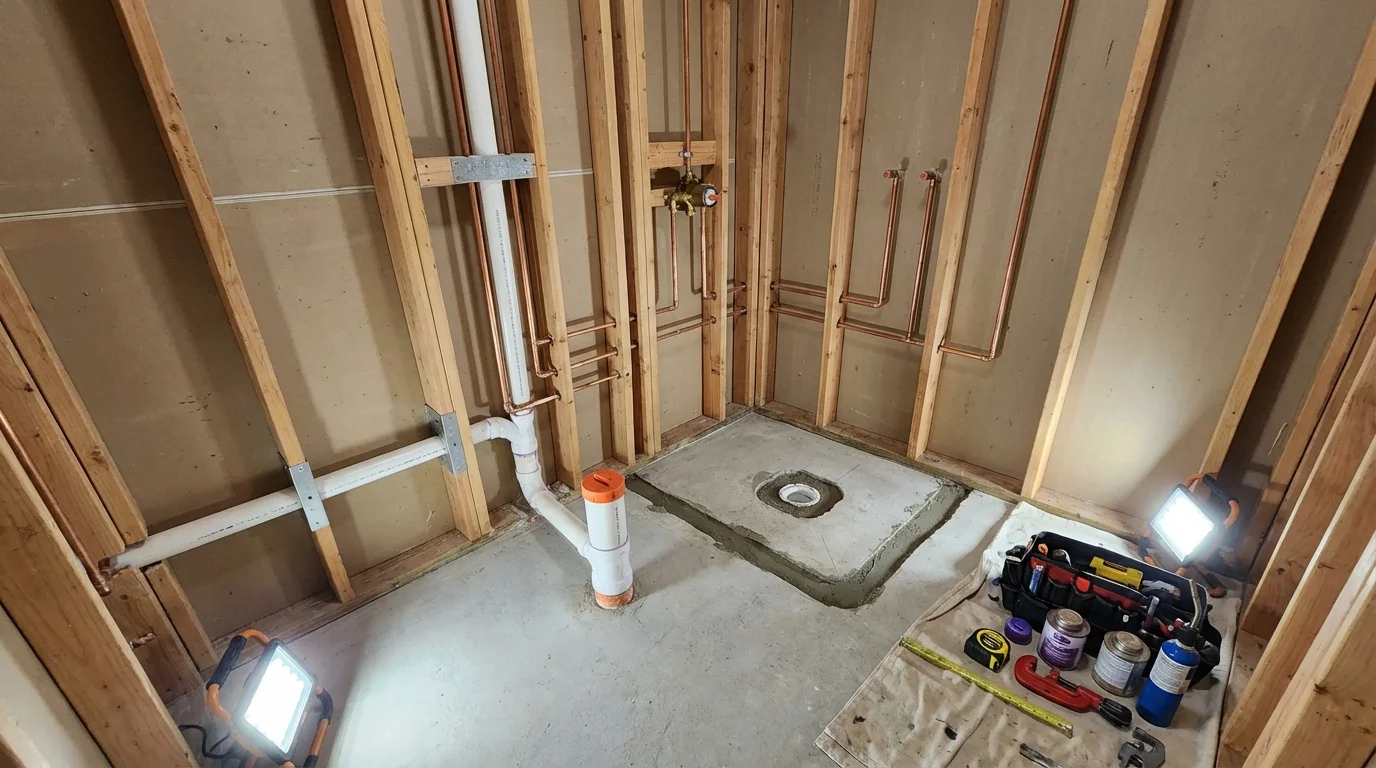 Bathroom rough-in plumbing during remodel by Johns Plumbing LLC in Garrettsville
