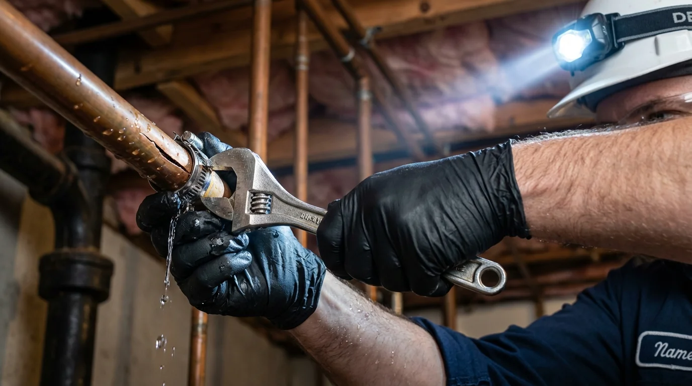 Emergency pipe clamp repair being performed by a Johns Plumbing LLC plumber in Garrettsville