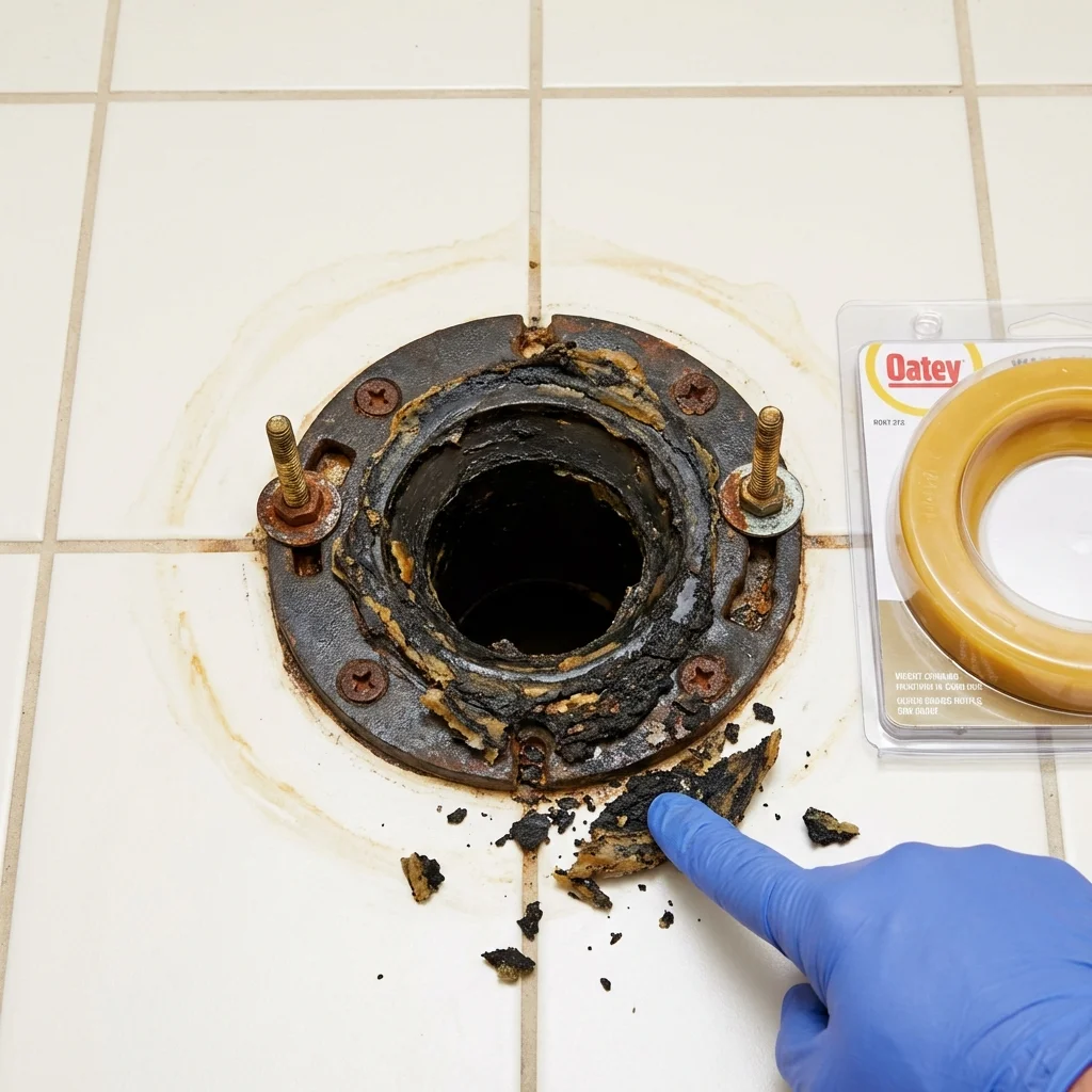 Failed wax ring showing water seepage at the base of a toilet in a Garrettsville, OH home