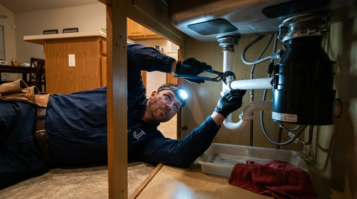 P-trap and supply line connections under a kitchen sink showing a common leak point in Garrettsville, OH